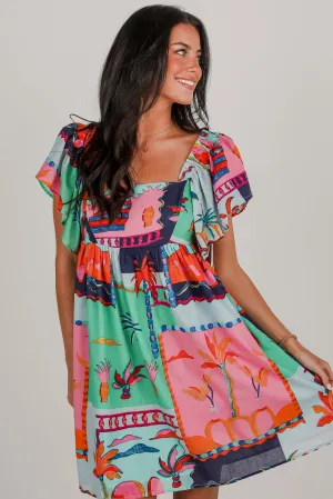 FINAL SALE - Sunset By The Sea Blue Tropical Babydoll Mini Dress