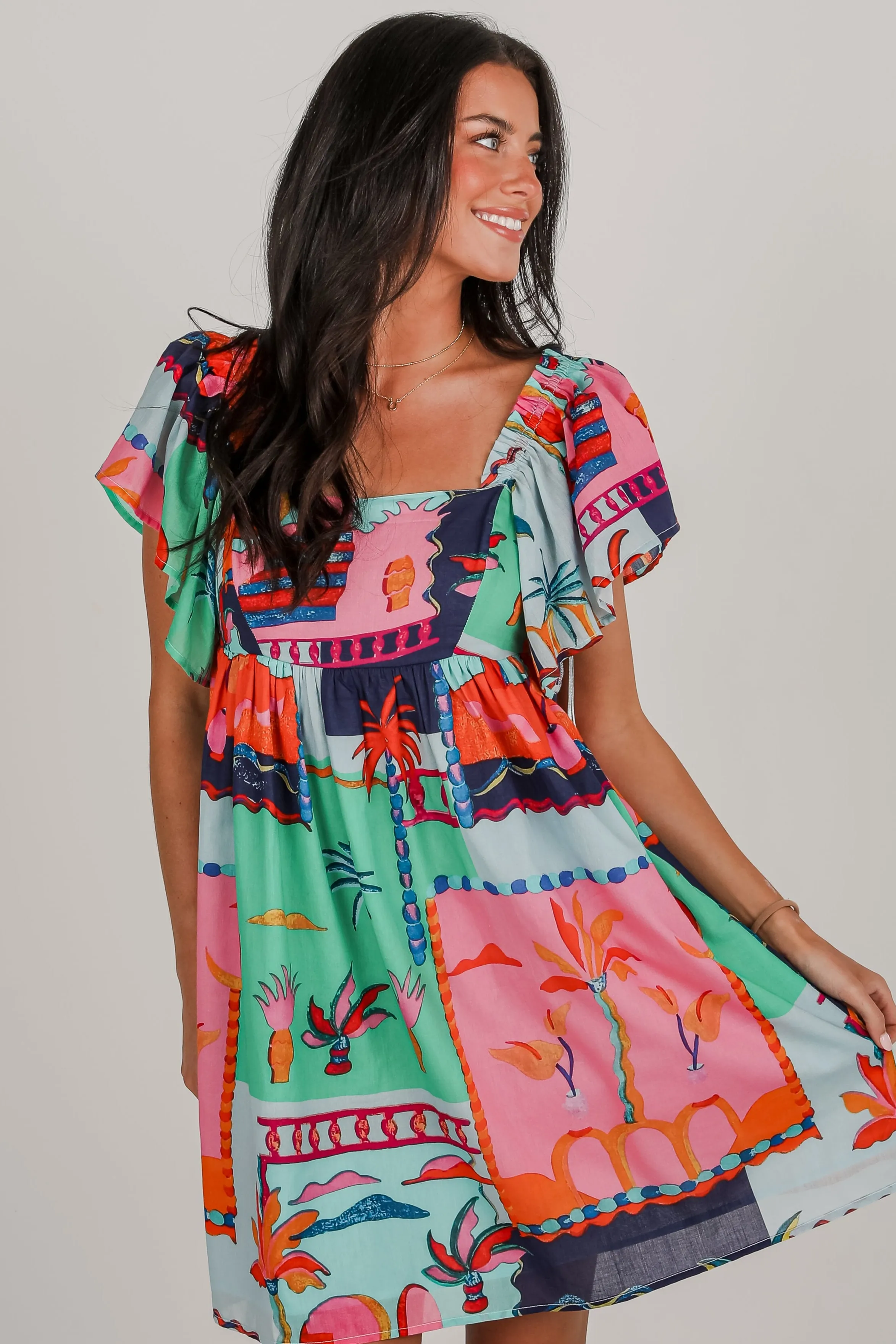 FINAL SALE - Sunset By The Sea Blue Tropical Babydoll Mini Dress