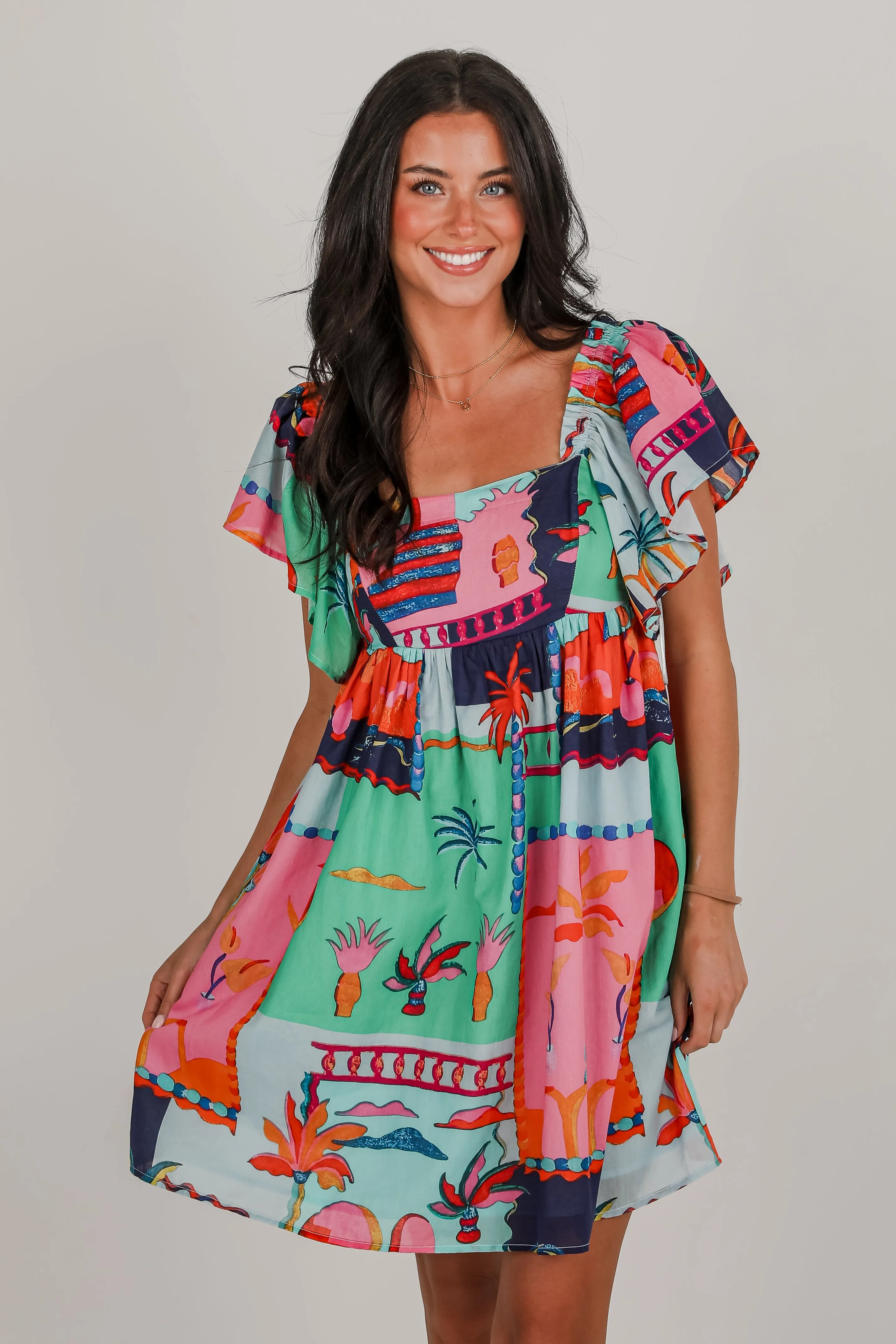 FINAL SALE - Sunset By The Sea Blue Tropical Babydoll Mini Dress