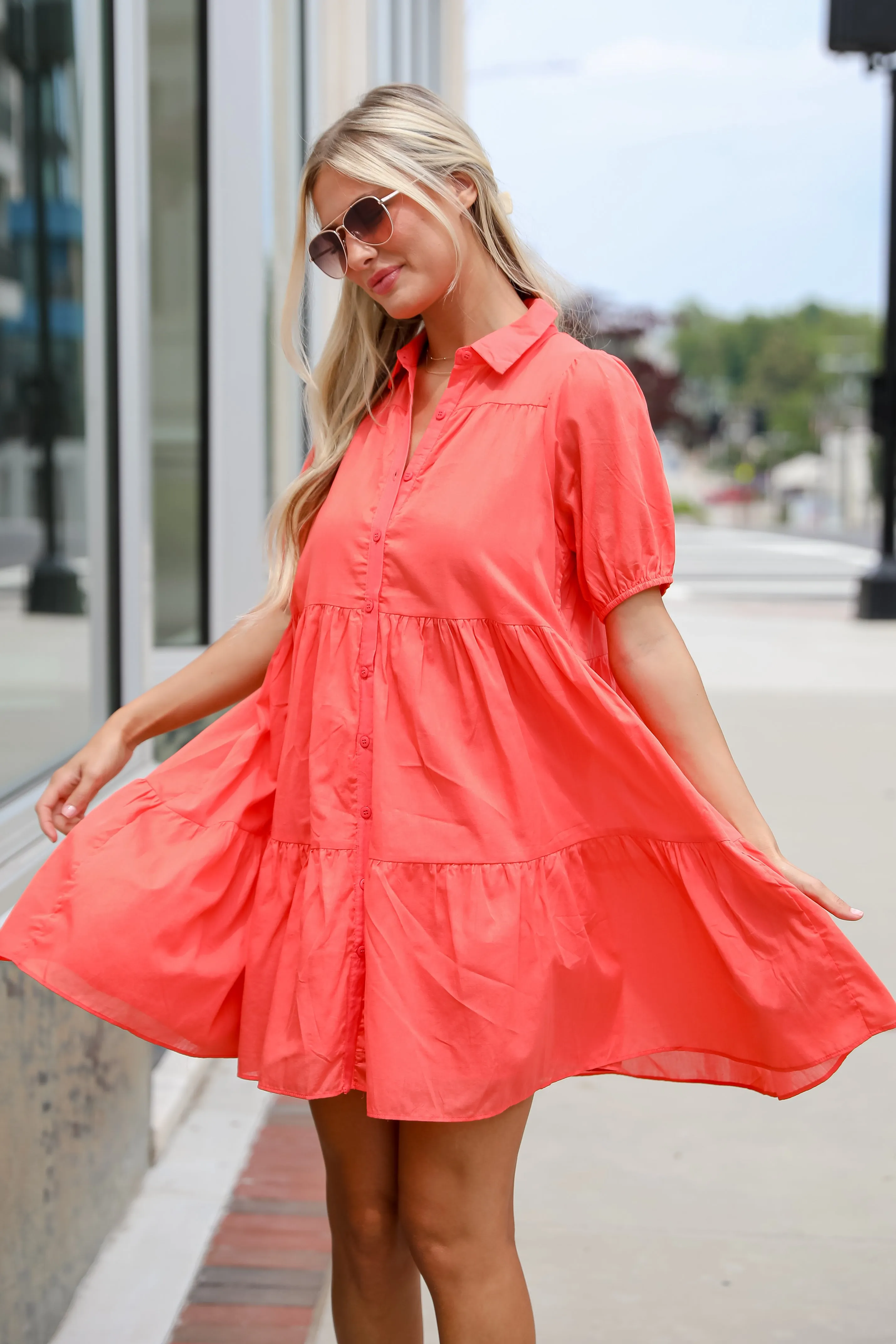 FINAL SALE - Sunshine Chic Coral Tiered Mini Dress