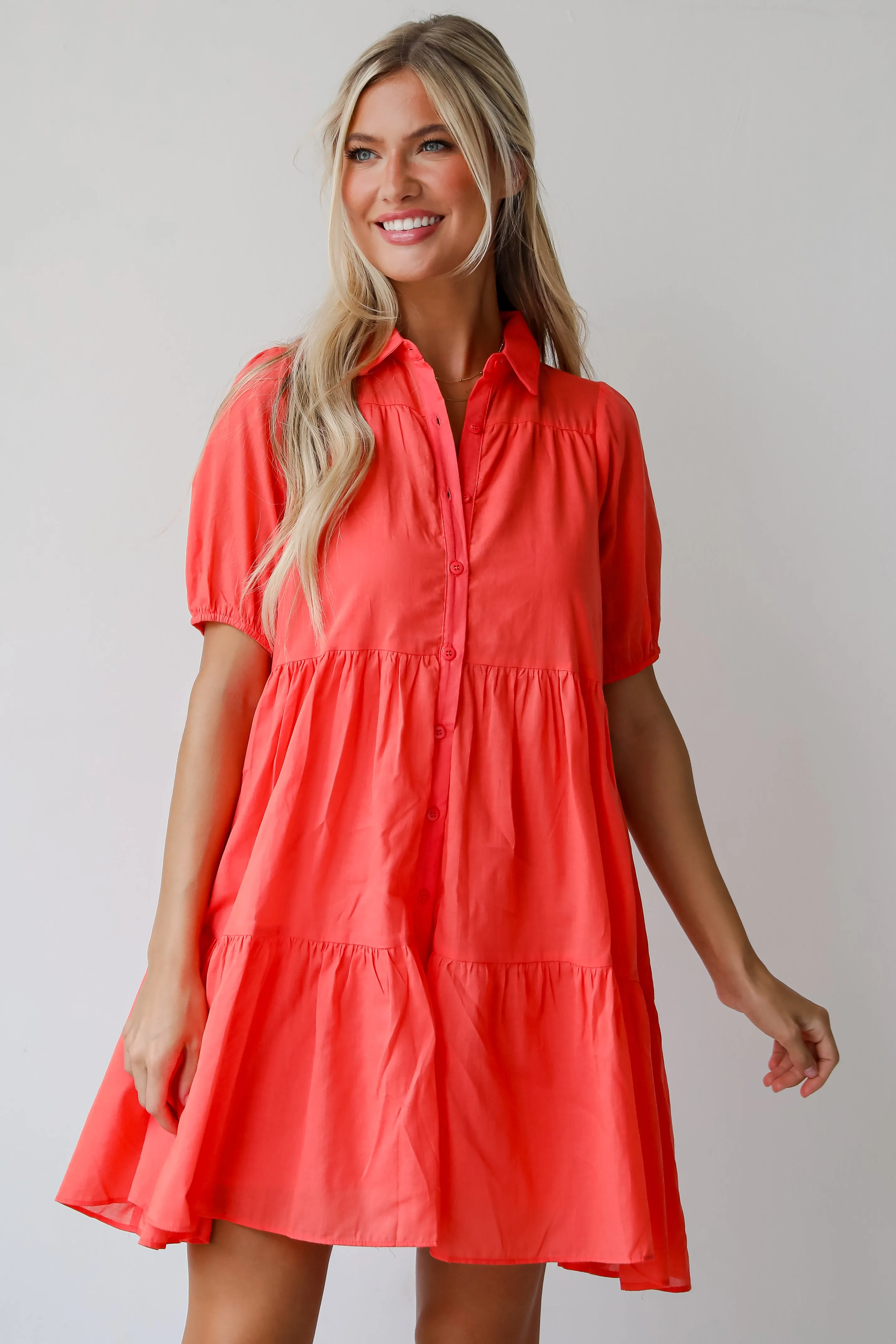 FINAL SALE - Sunshine Chic Coral Tiered Mini Dress