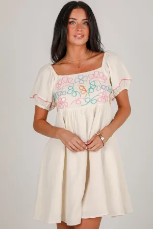 FINAL SALE - Sweet Meadow Cream Linen Embroidered Babydoll Mini Dress