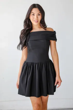 FINAL SALE - Unbelievably Lovely Black Off-The-Shoulder Mini Dress