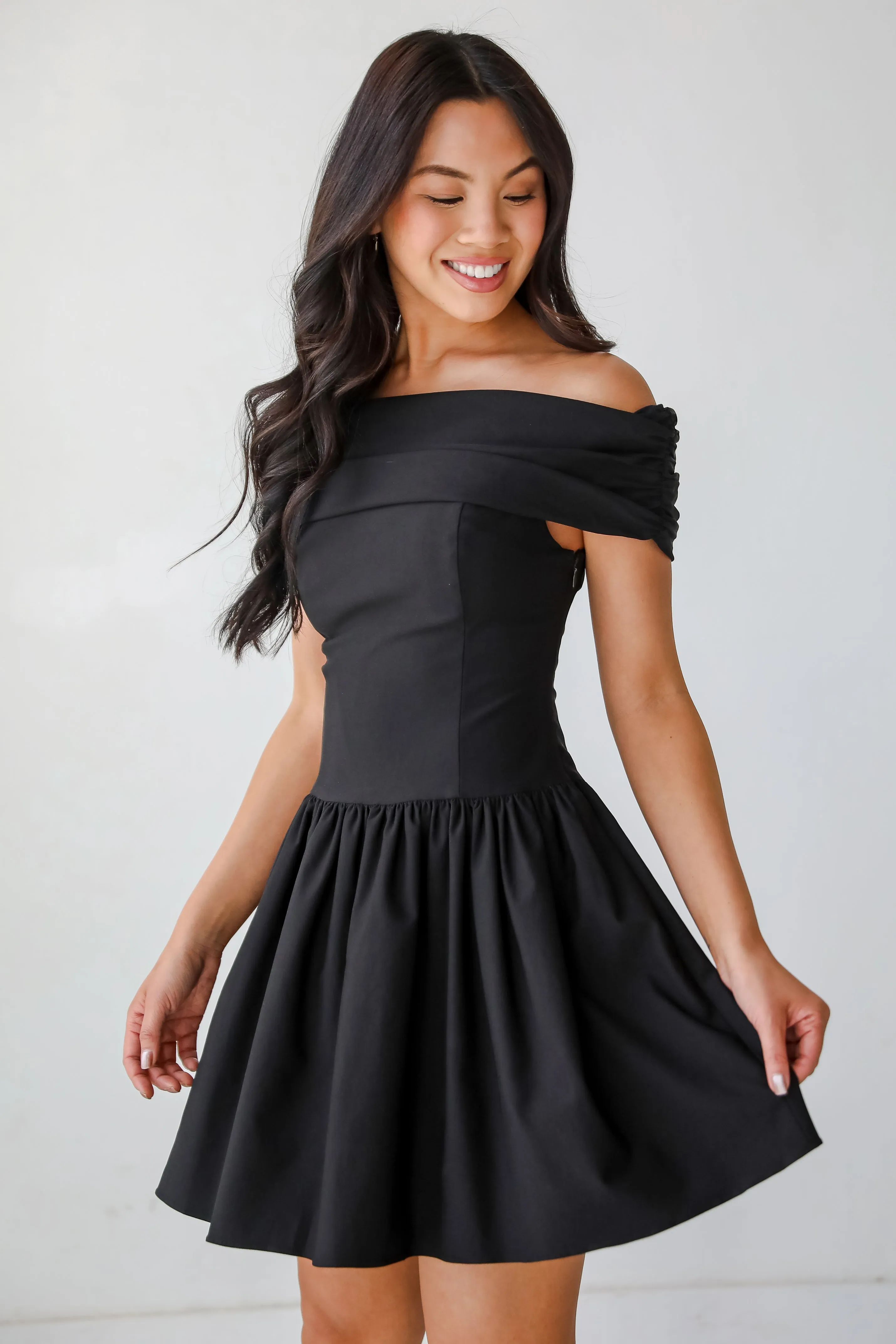 FINAL SALE - Unbelievably Lovely Black Off-The-Shoulder Mini Dress