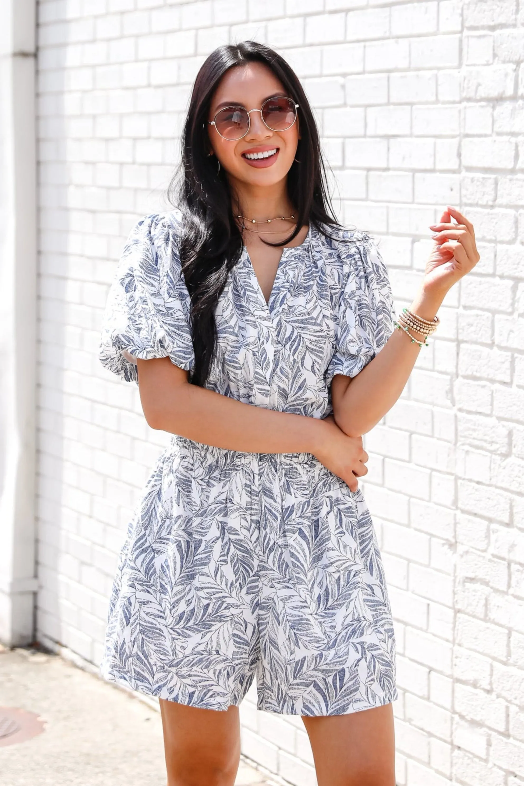 FINAL SALE - Under The Palms Navy Leaf Print Romper