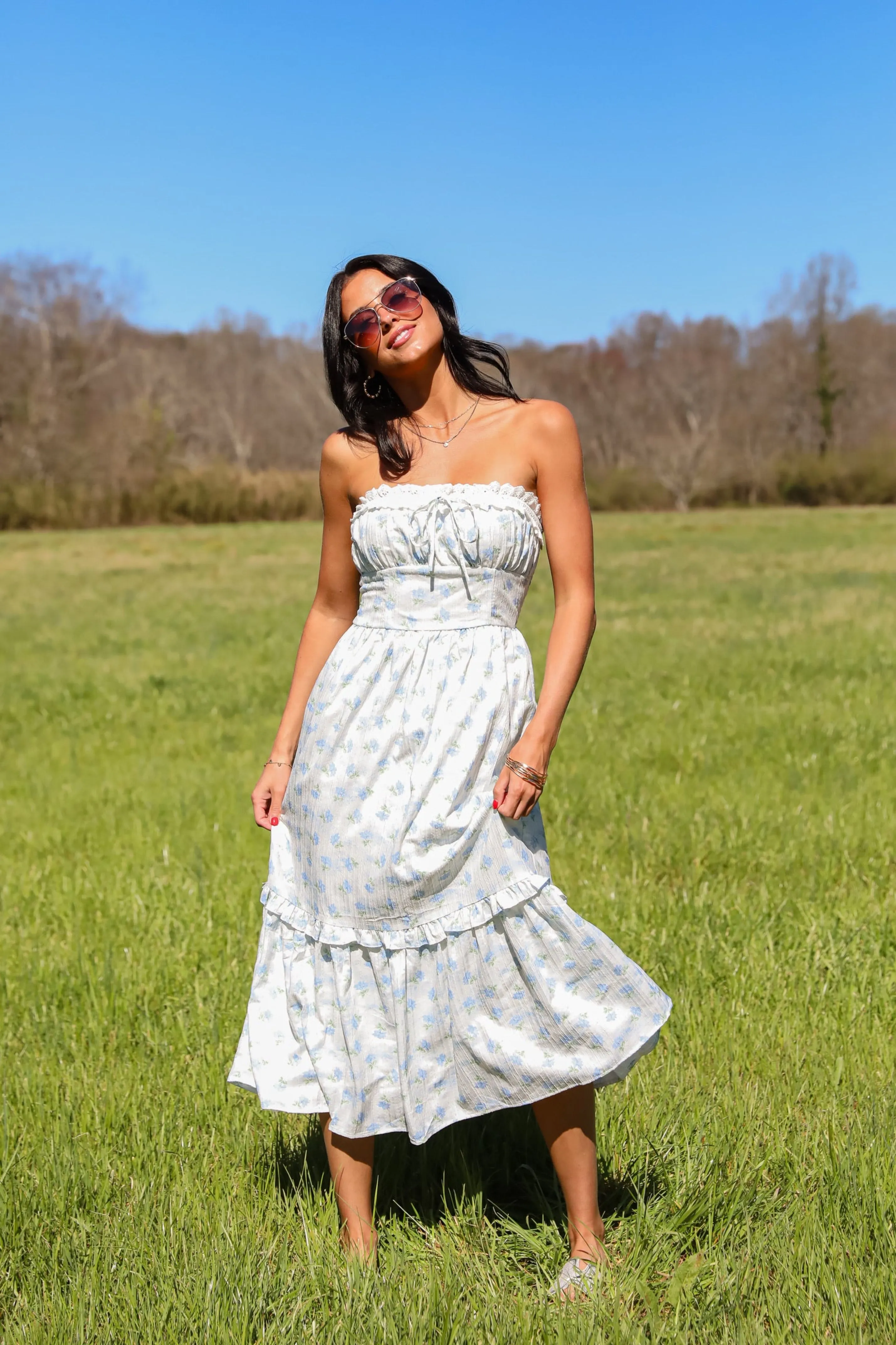 FINAL SALE - Vibrant Flirt Ivory Floral Strapless Midi Dress