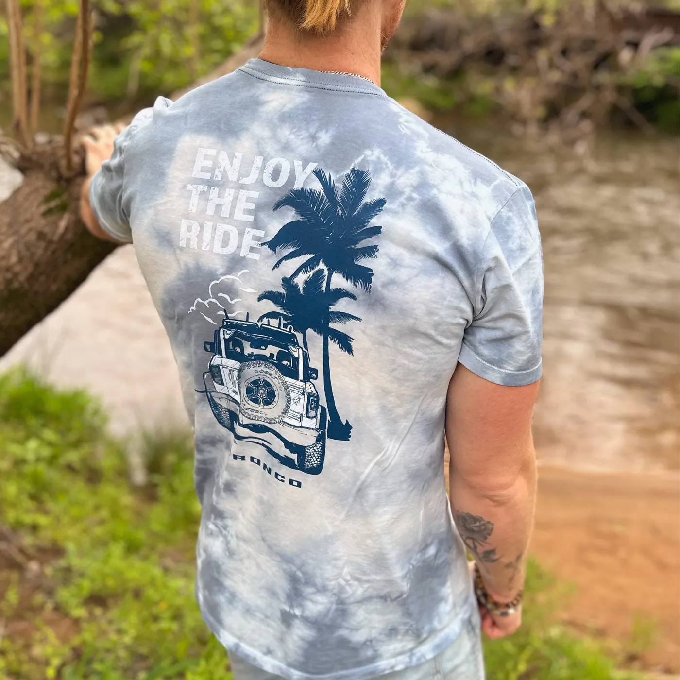 Ford Bronco Mens Enjoy the Ride Palm Tree Tie Dye Pocket T-Shirt