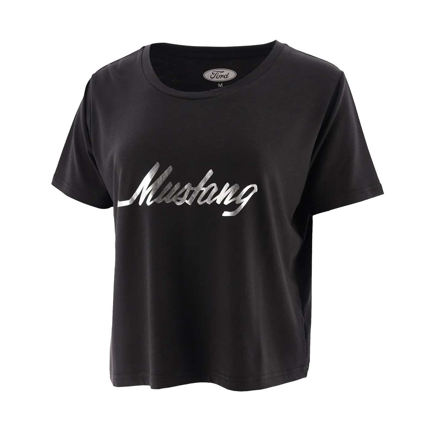 Ford Mustang Womens Foil Script Cropped Short Sleeve T-Shirt