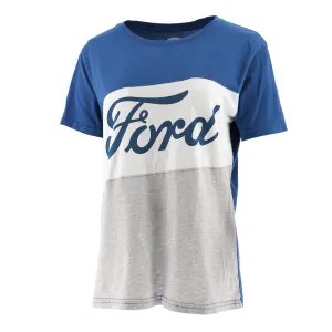 Ford Script Womens Blue & Gray Colorblock Short Sleeve T-Shirt