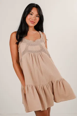 Future Endeavors Taupe Linen Lace Mini Dress