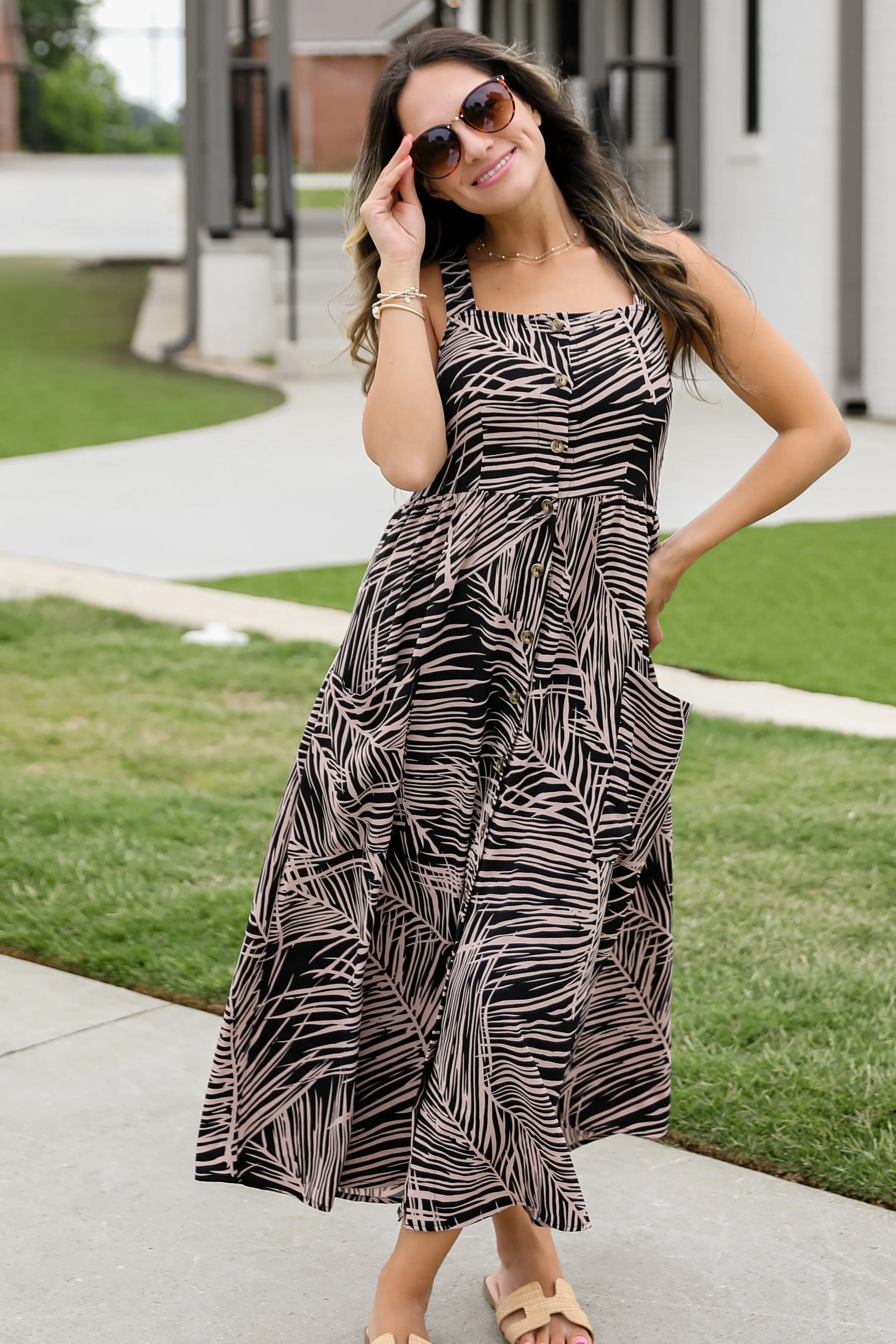 Happy You're Here Black Leaf Print Midi Dress