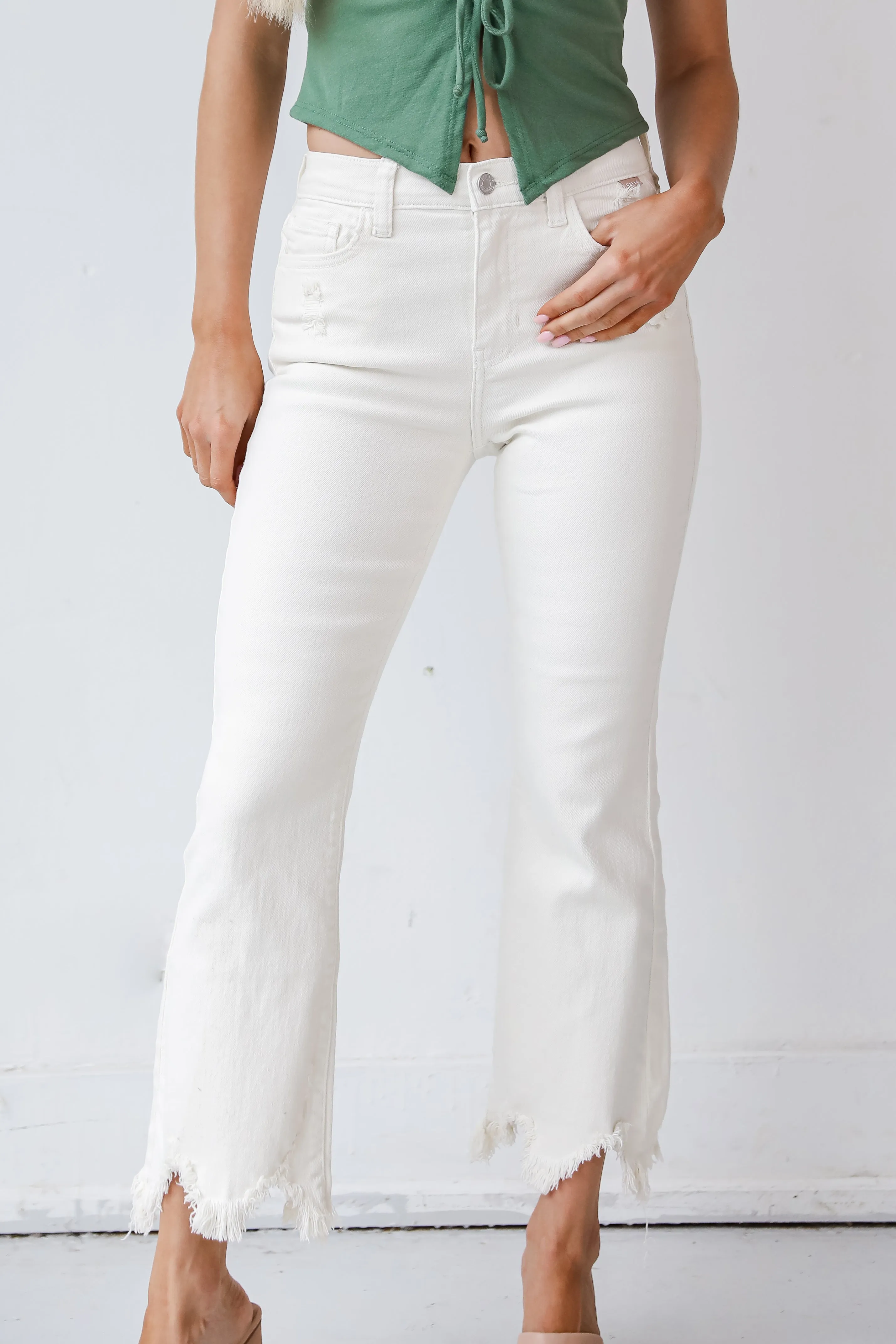 High Society Cream Distressed Cropped Flare Jeans