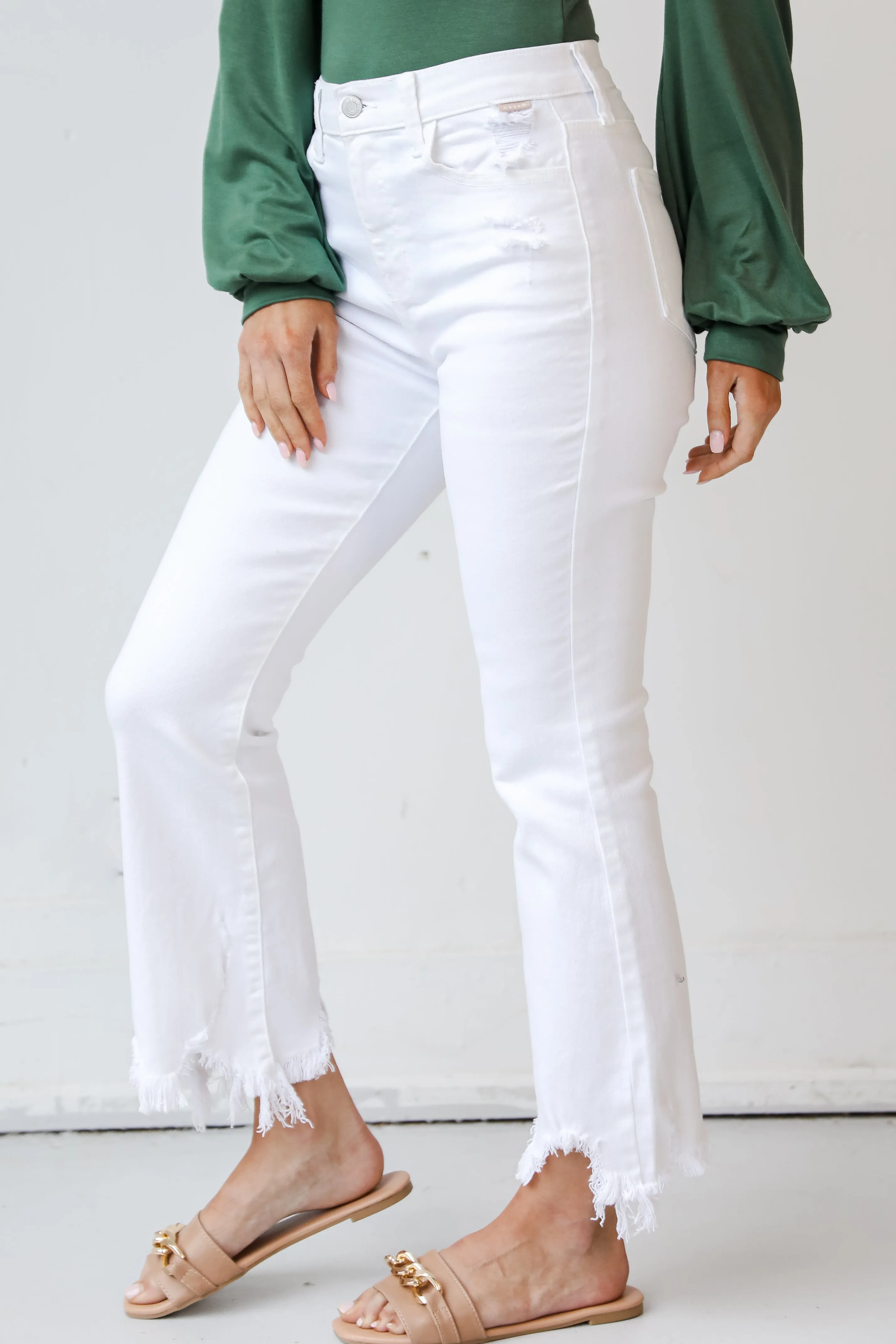 High Society White Distressed Cropped Flare Jeans