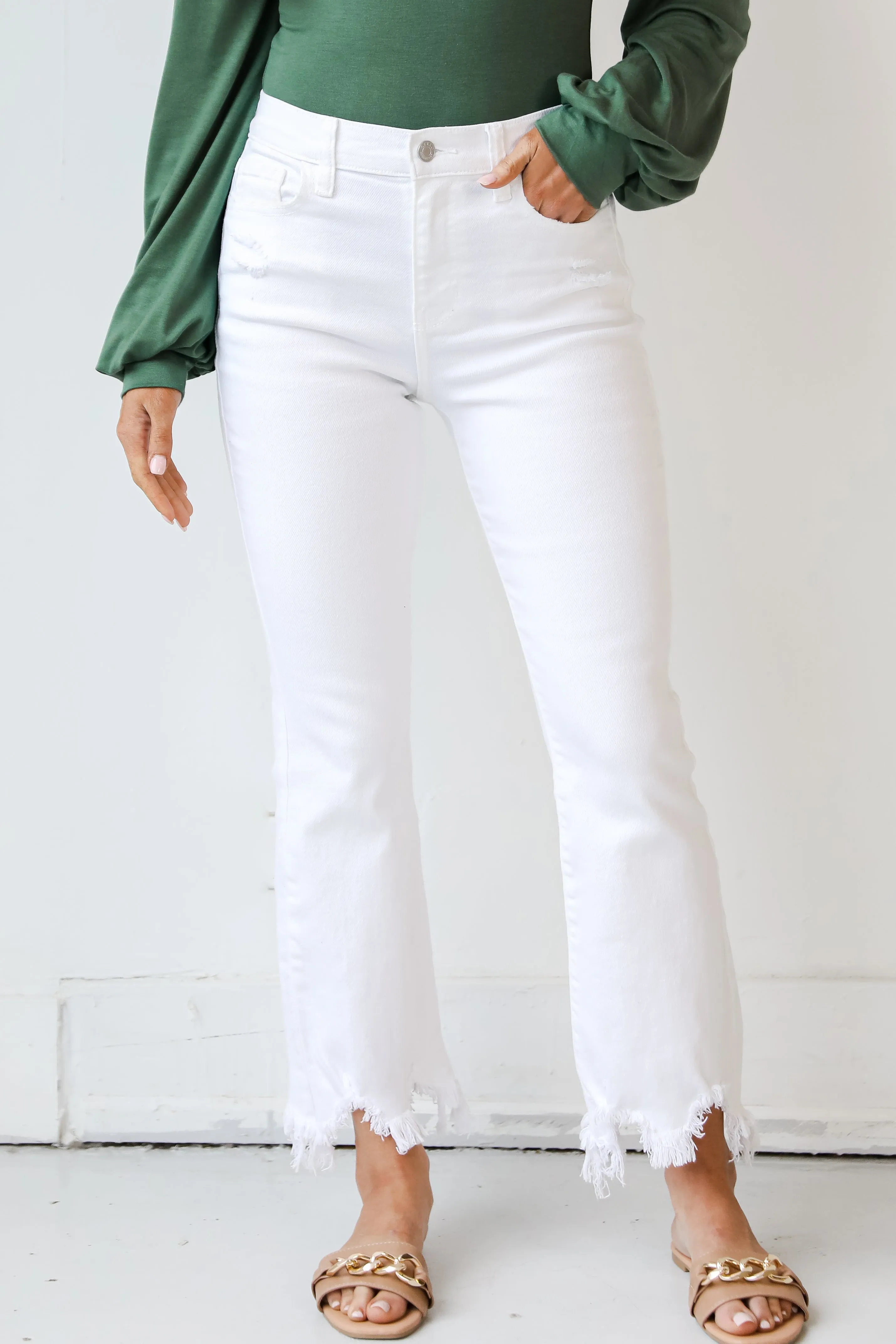 High Society White Distressed Cropped Flare Jeans