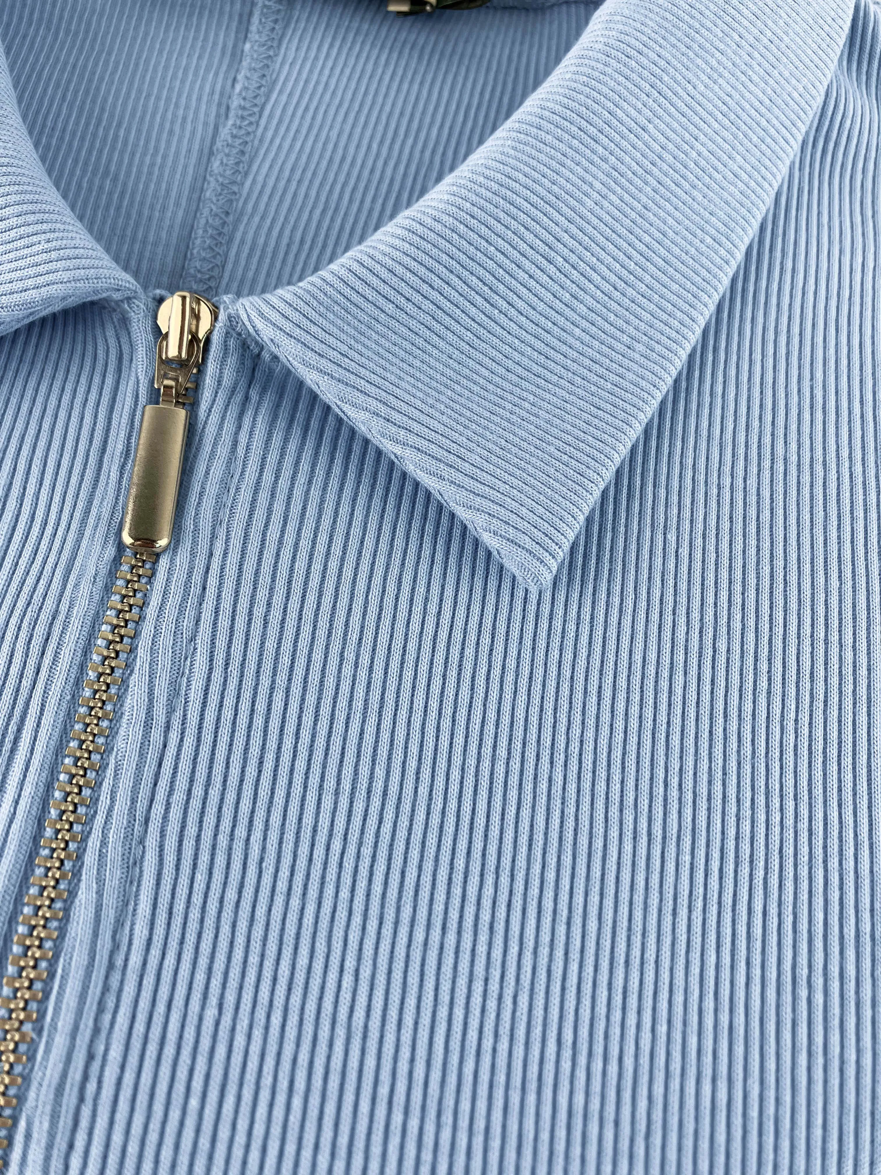 Ivy Organic Rib Zip Collar Top | Ice Blue