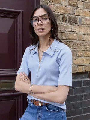 Ivy Organic Rib Zip Collar Top | Ice Blue