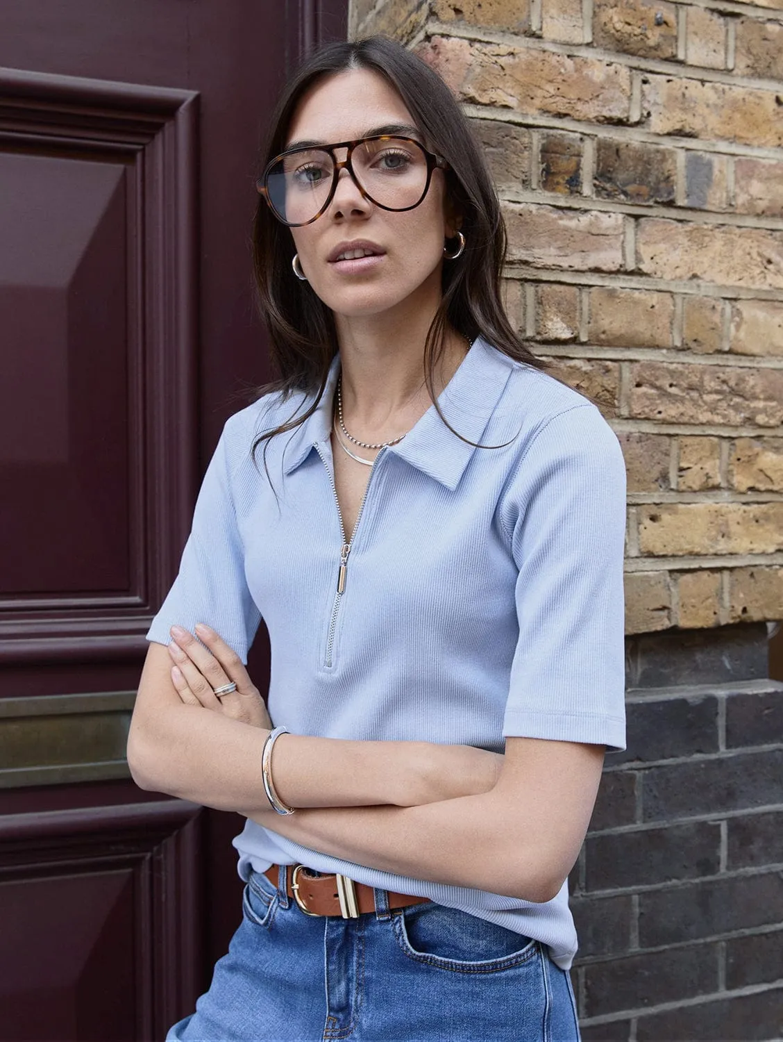 Ivy Organic Rib Zip Collar Top | Ice Blue