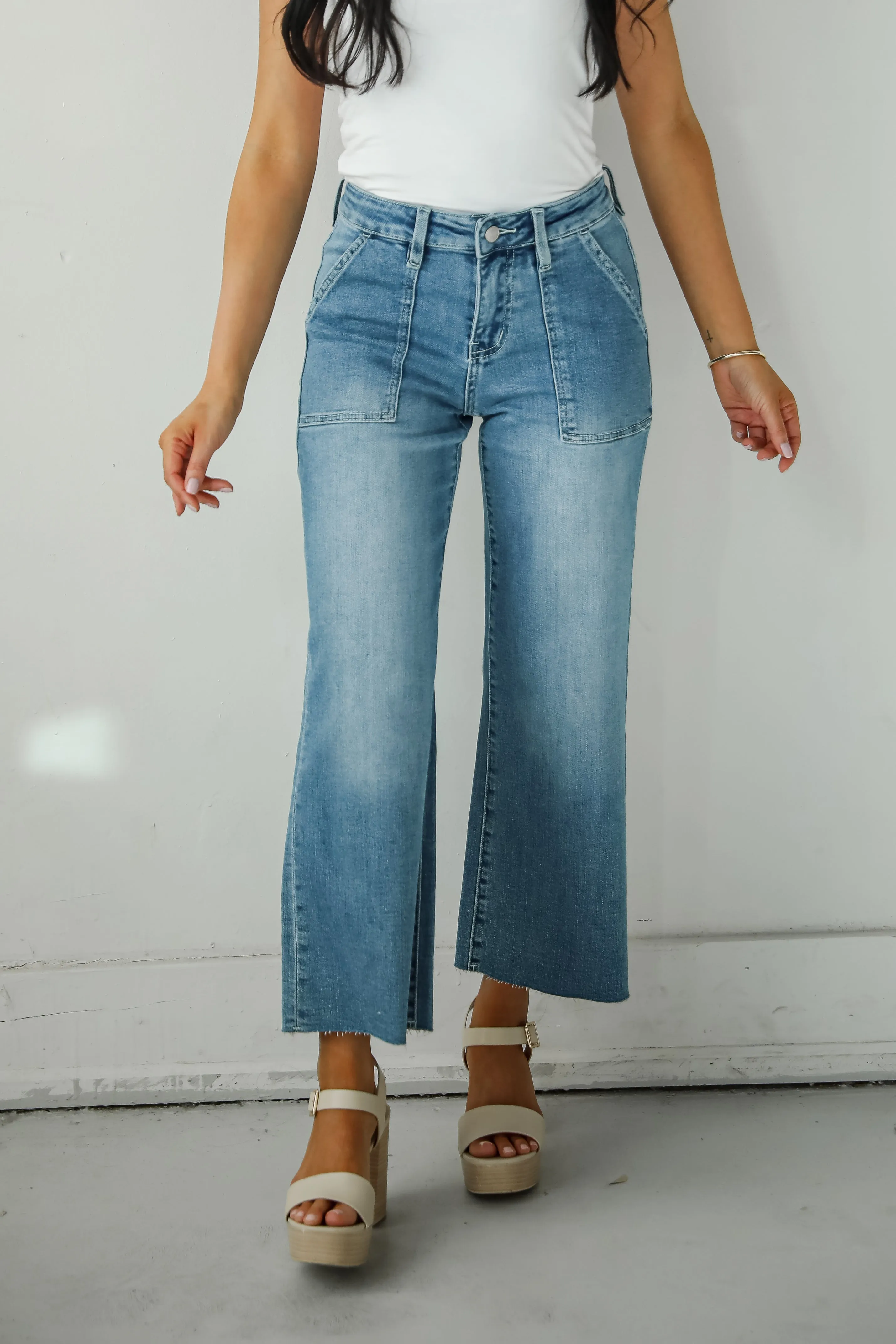 Lyla Medium Wash High-Rise Utility Crop Wide Leg Jeans