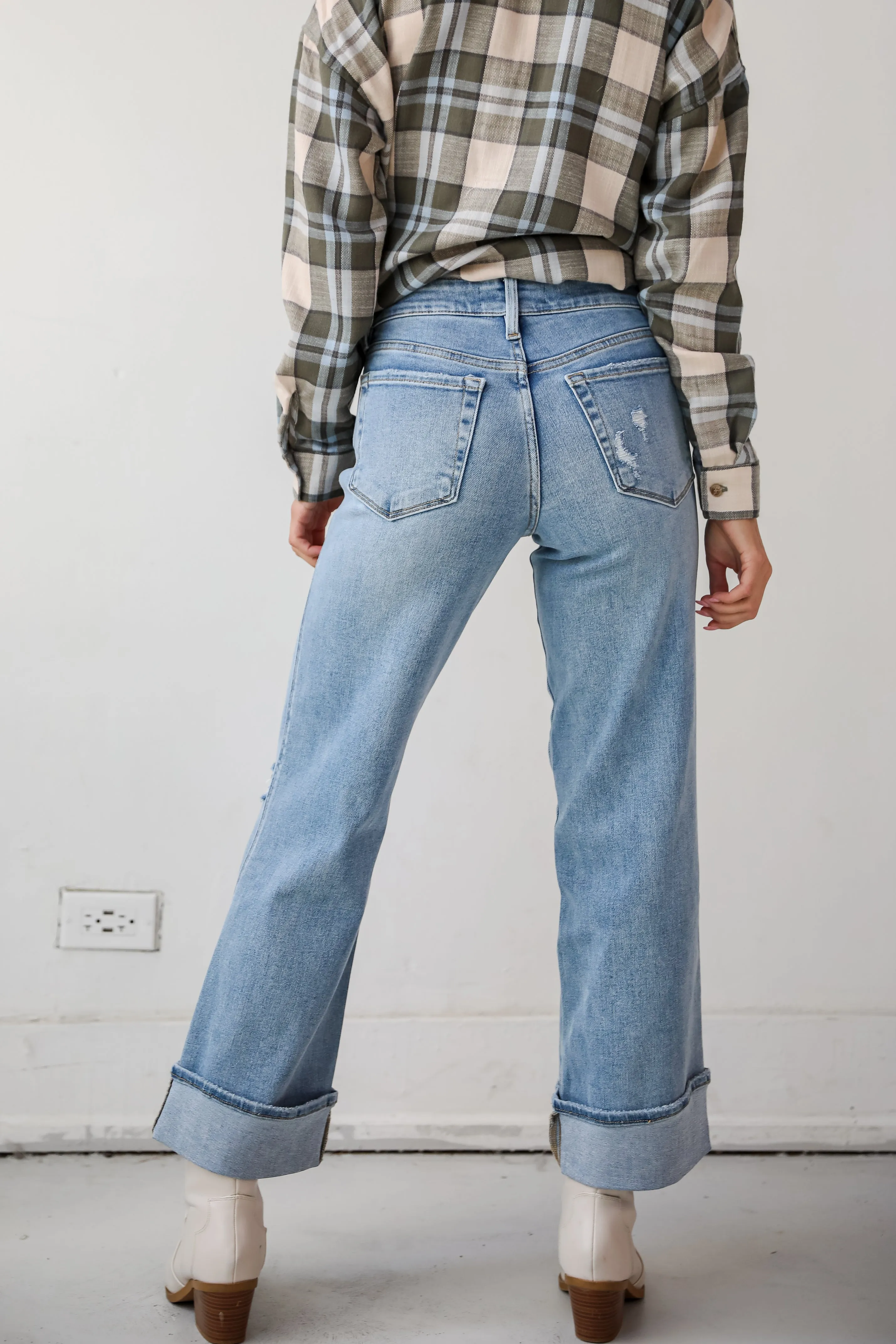 Maggie Light Wash Mid-Rise Cuffed Ankle Wide Jeans
