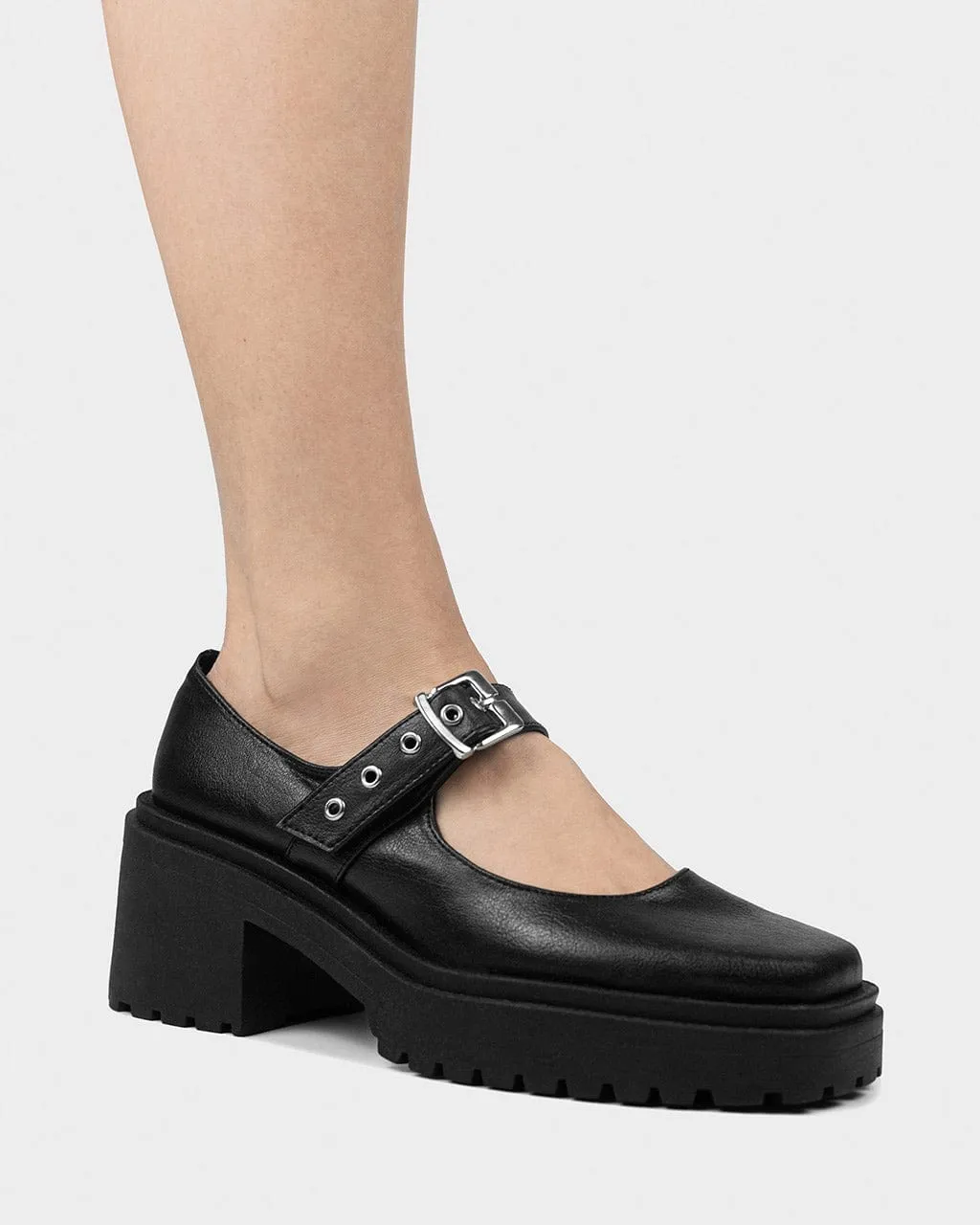 Mary Jane Women's Squared Vegea Grape Leather Vegan Pumps | Black