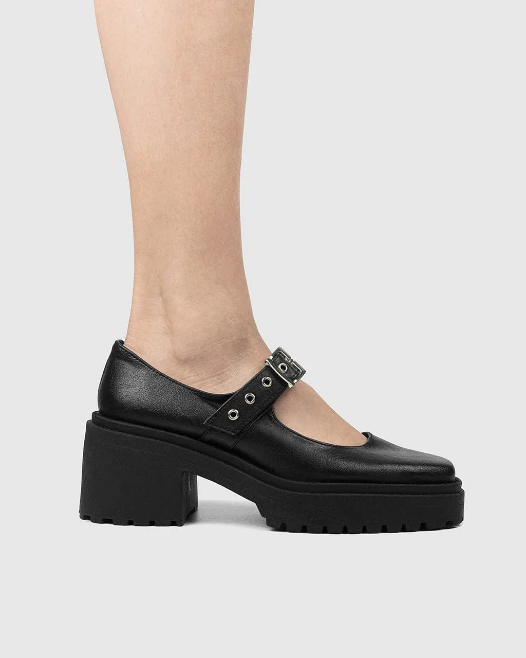 Mary Jane Women's Squared Vegea Grape Leather Vegan Pumps | Black