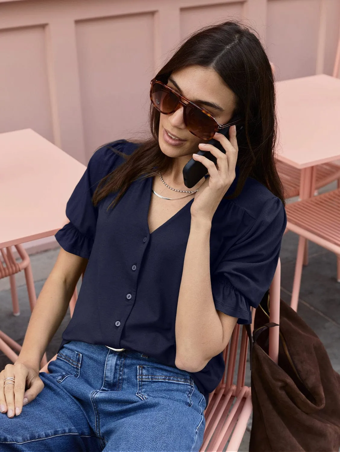 Noa LENZING? ECOVERO? Short Sleeve Blouse | Classic Navy
