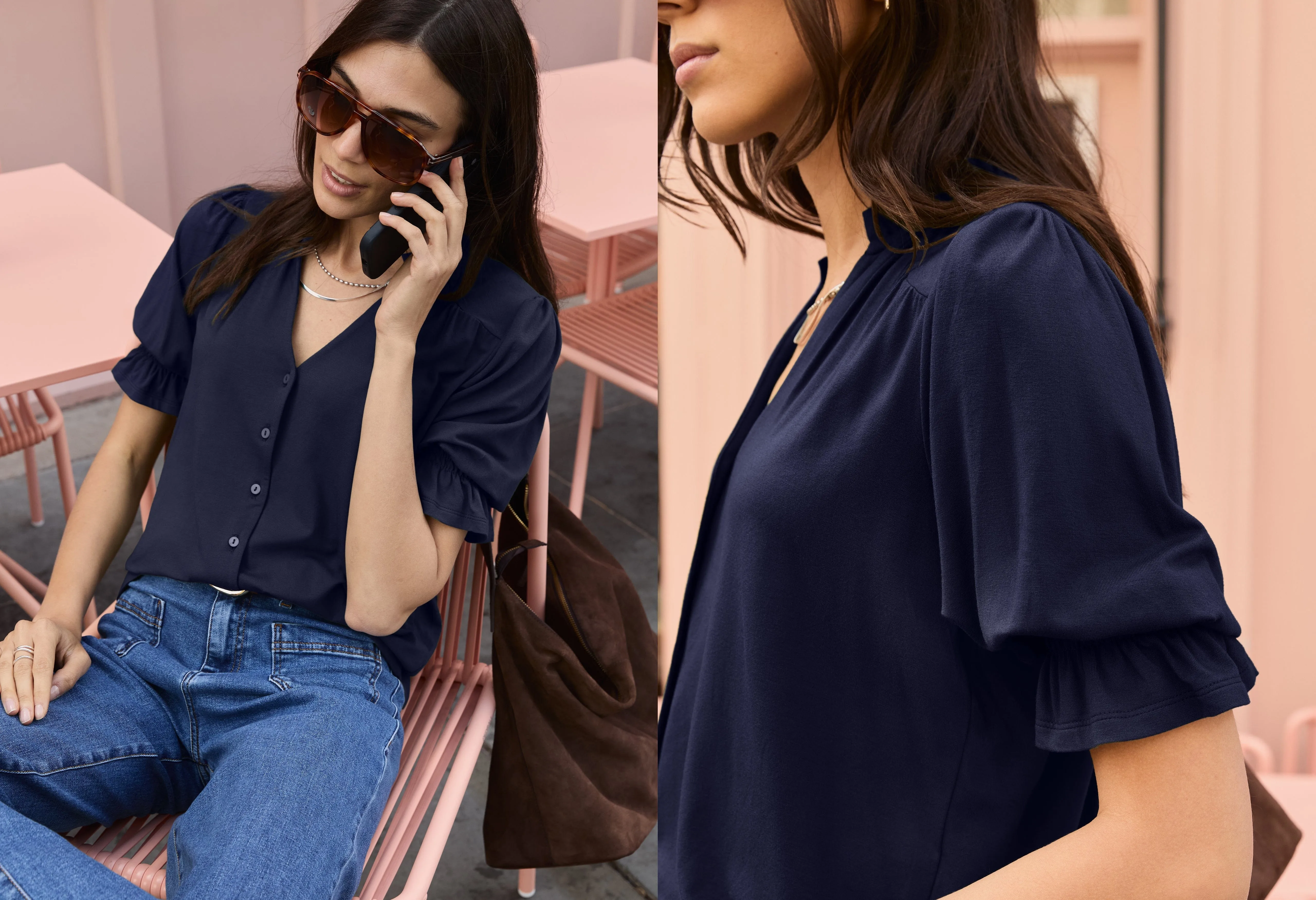 Noa LENZING? ECOVERO? Short Sleeve Blouse | Classic Navy