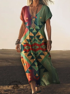 Western Aztec Printed Casual Dress