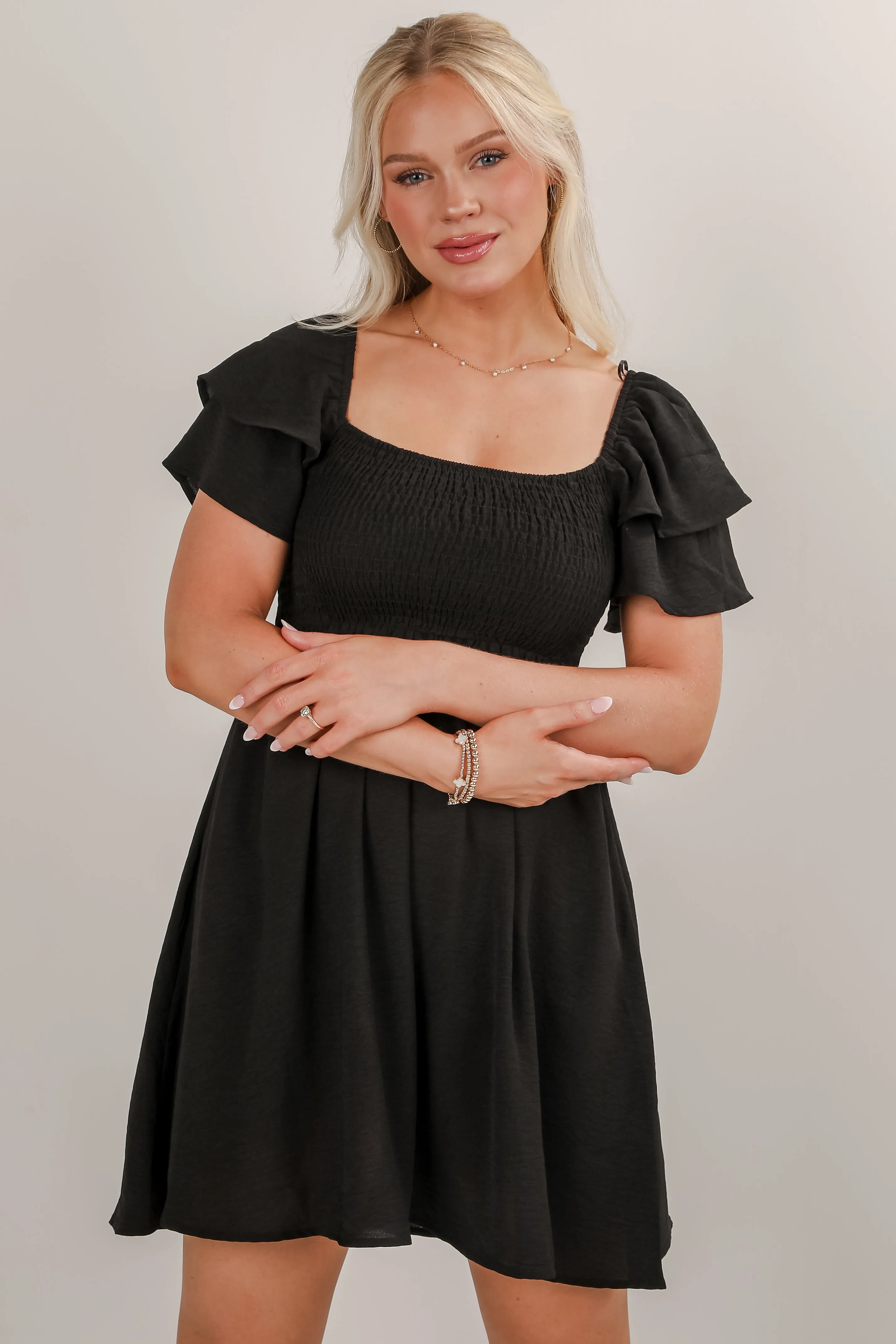 What's The Occasion Black Smocked Mini Dress - DU DEAL